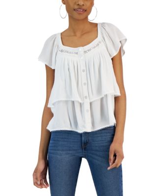 Self Esteem - Juniors' Ruffled Flutter-Sleeve Peasant Top