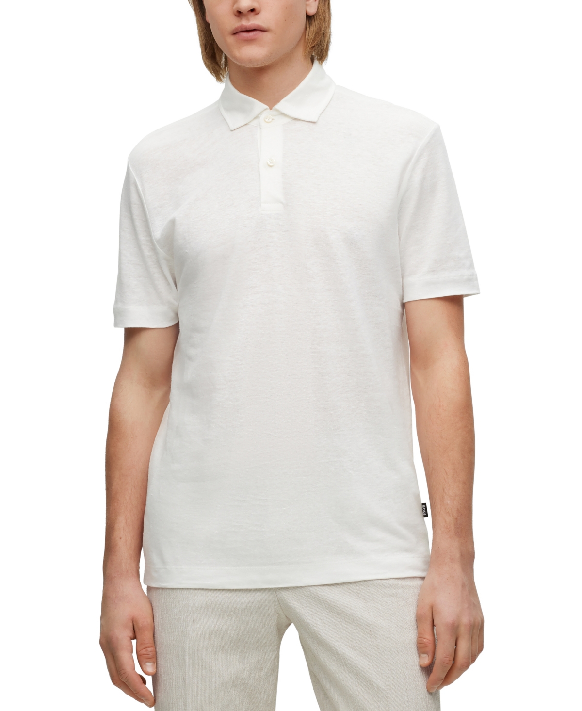 Hugo Boss Regular-fit Polo Shirt In Two-tone Linen In White