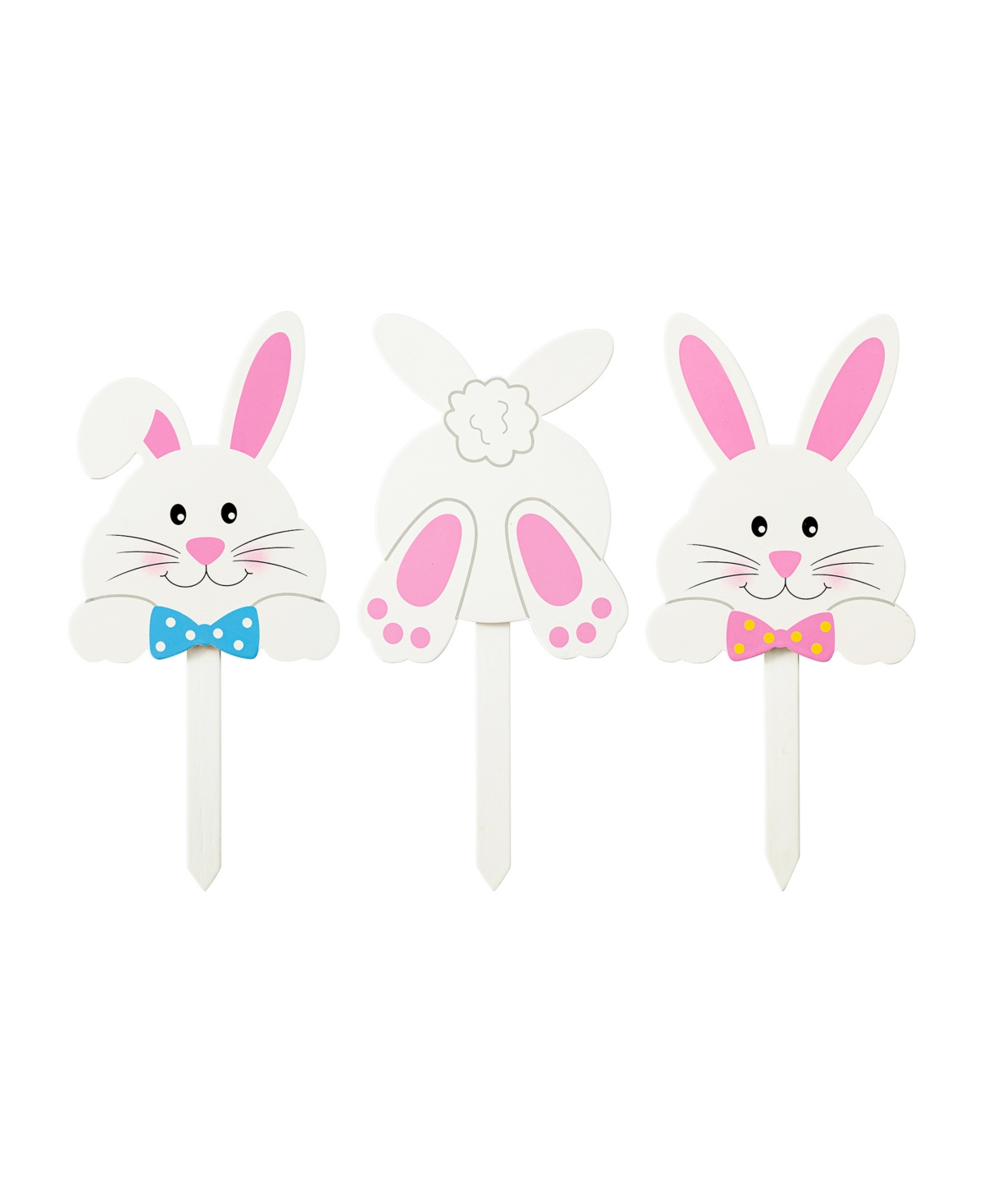 Glitzhome 15" H Easter Wooden Bunny Pick, Yard Stake, Set Of 3 In White
