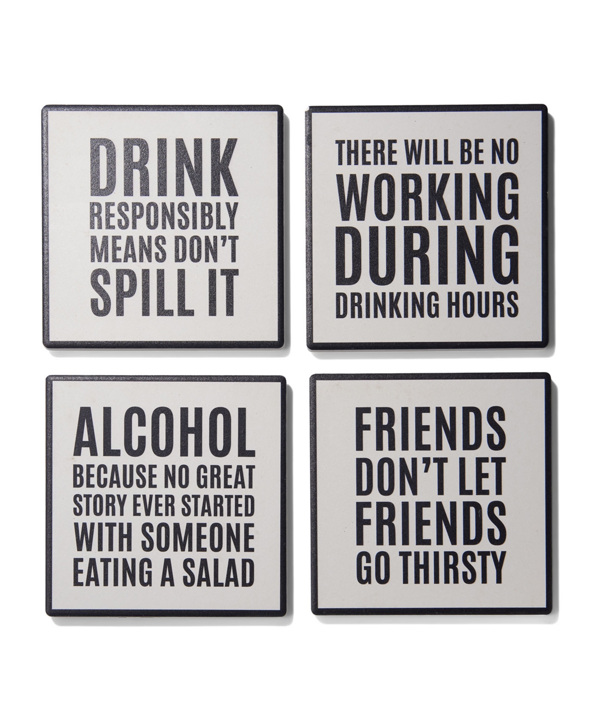 American Atelier 4.25" D Work Hour Happy Hour Sentiments Ceramic Coasters Set, 4 Piece In White