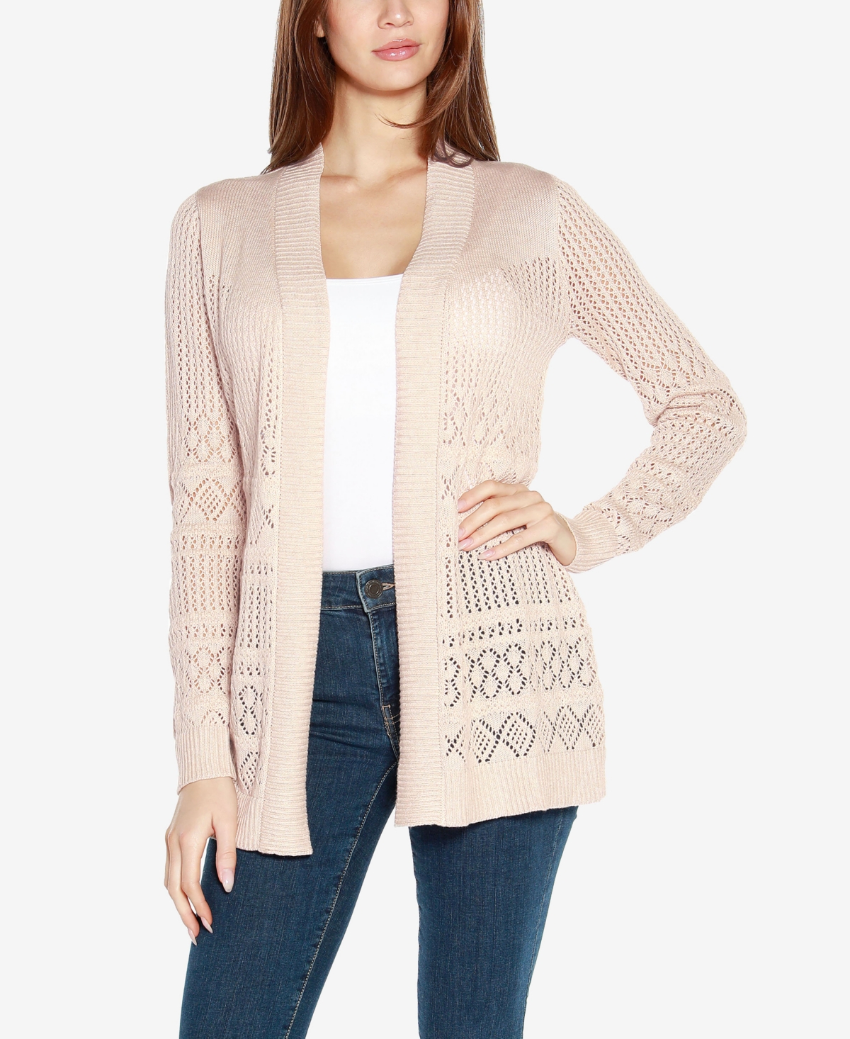 Women's Pointelle Long Sleeves Open Cardigan Sweater - White