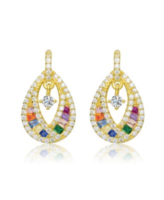 Sterling Silver 14K Gold Plated, 18K Rose Gold Plated and White Gold Plated Red Baguette and Clear Round Cubic Zirconia Pear Drop Earrings