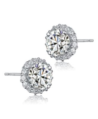 Sterling Silver Clear Round Cubic Zirconia with Pronged Halo Small Clear Round Cubic Zirconias Button Style Earrings