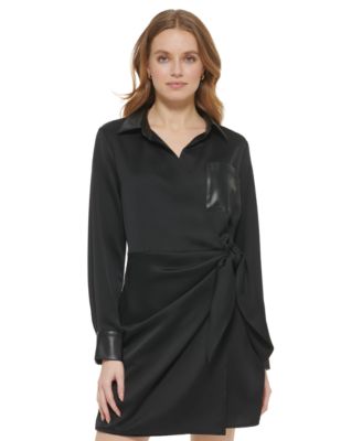 DKNY - Women's Faux-Leather-Trimmed Side-Tie Dress