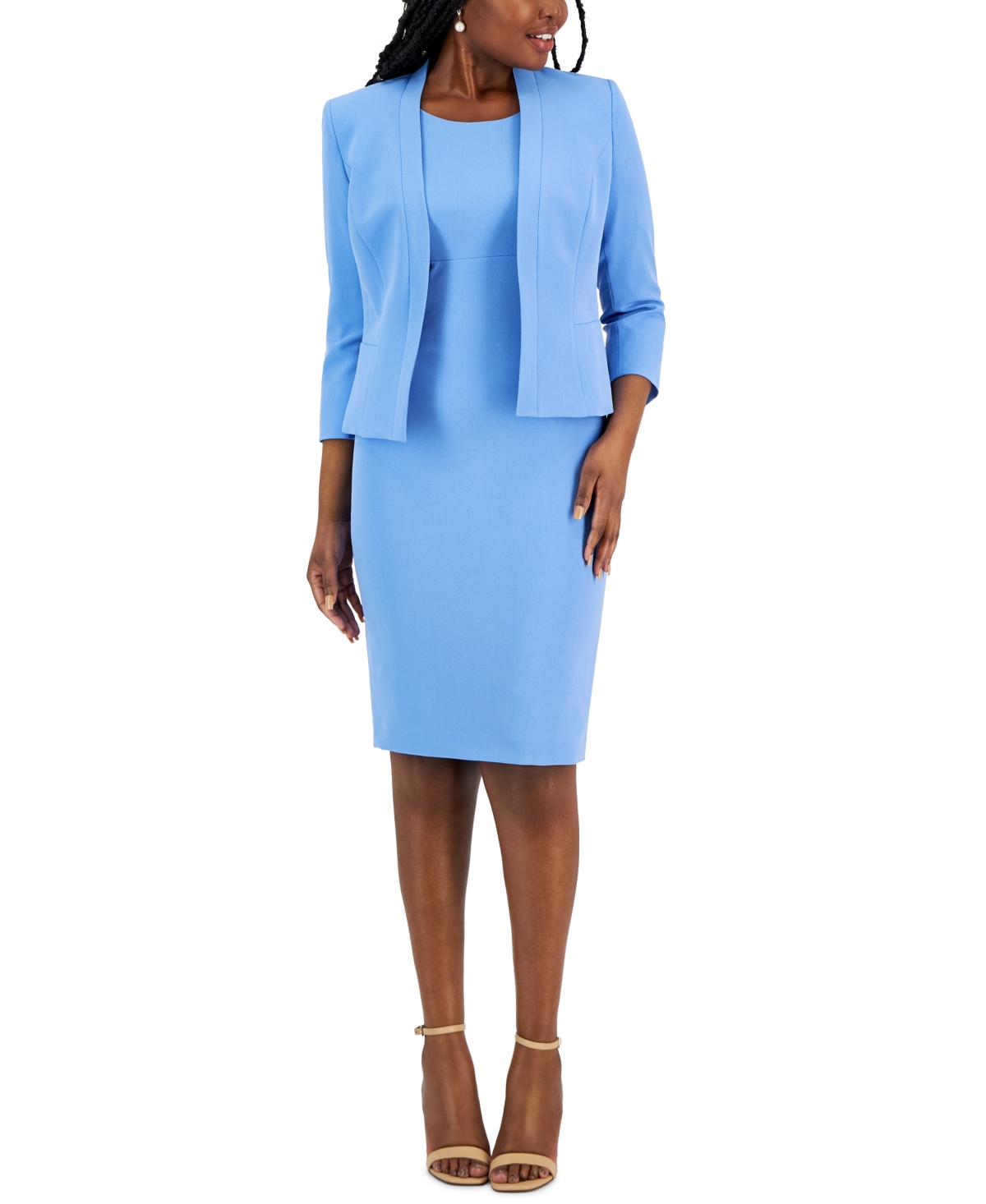 Le Suit Crepe Open Front Jacket & Crewneck Sheath Dress Suit, Regular And Petite Sizes In Chambray