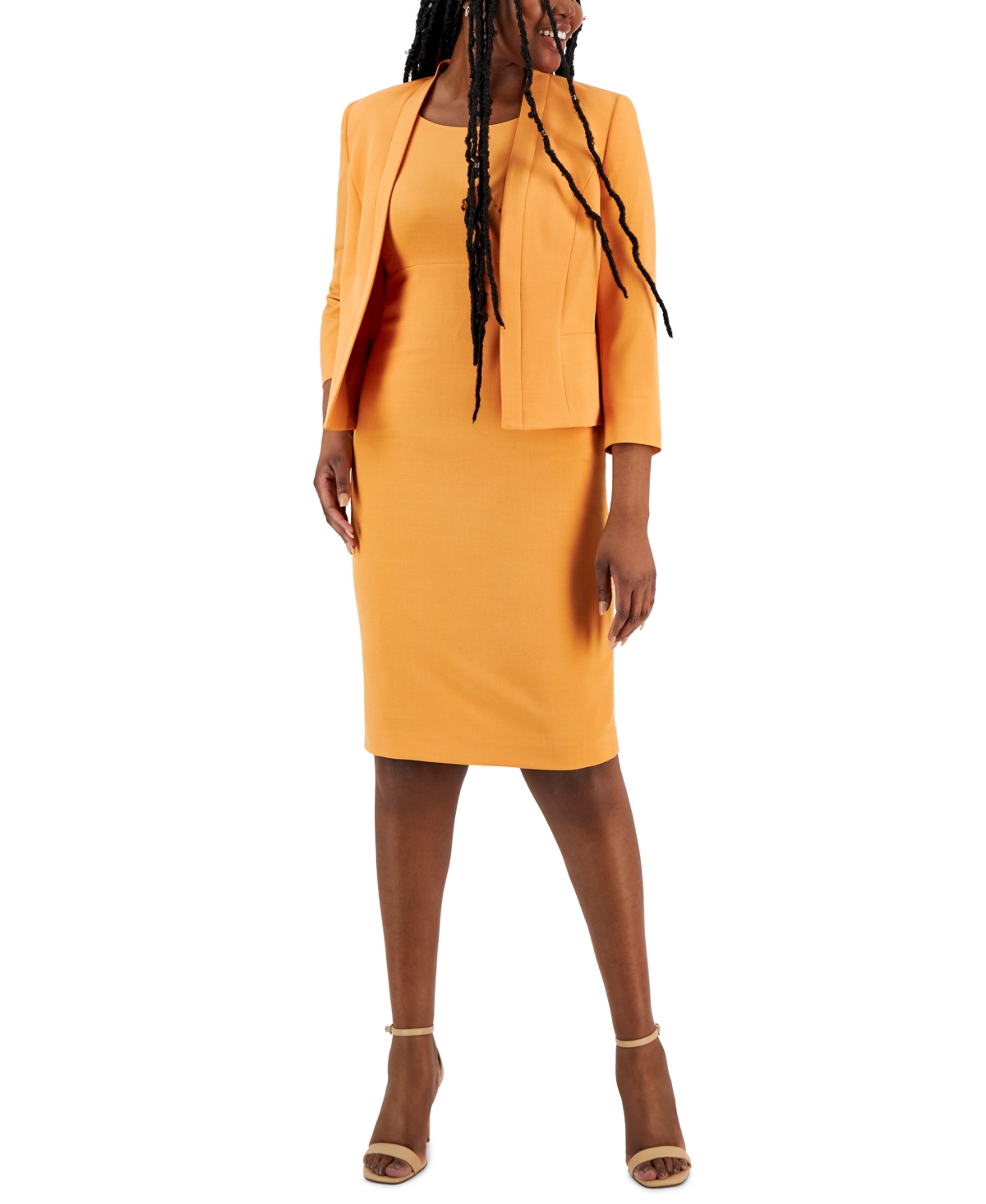 Shop Le Suit Crepe Open Front Jacket & Crewneck Sheath Dress Suit, Regular And Petite Sizes In Apricot