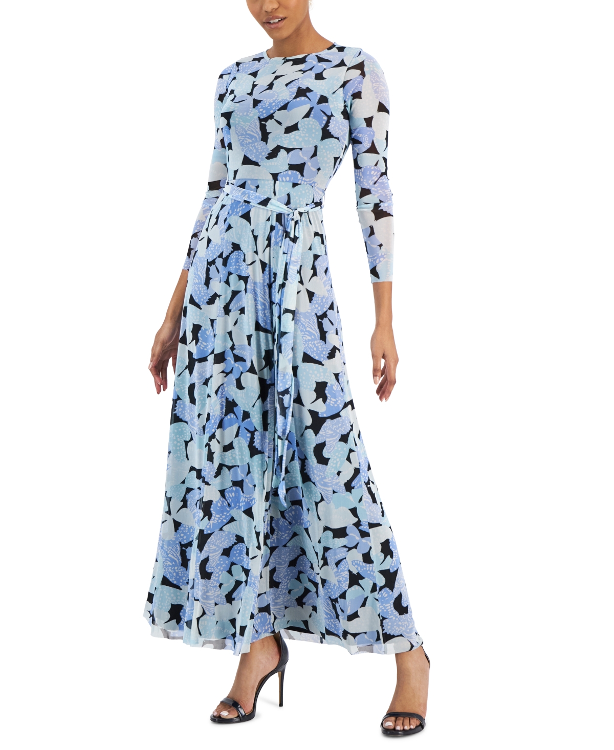 Anne Klein Butterfly Print Long Sleeve Dress In Shore Blue Multi
