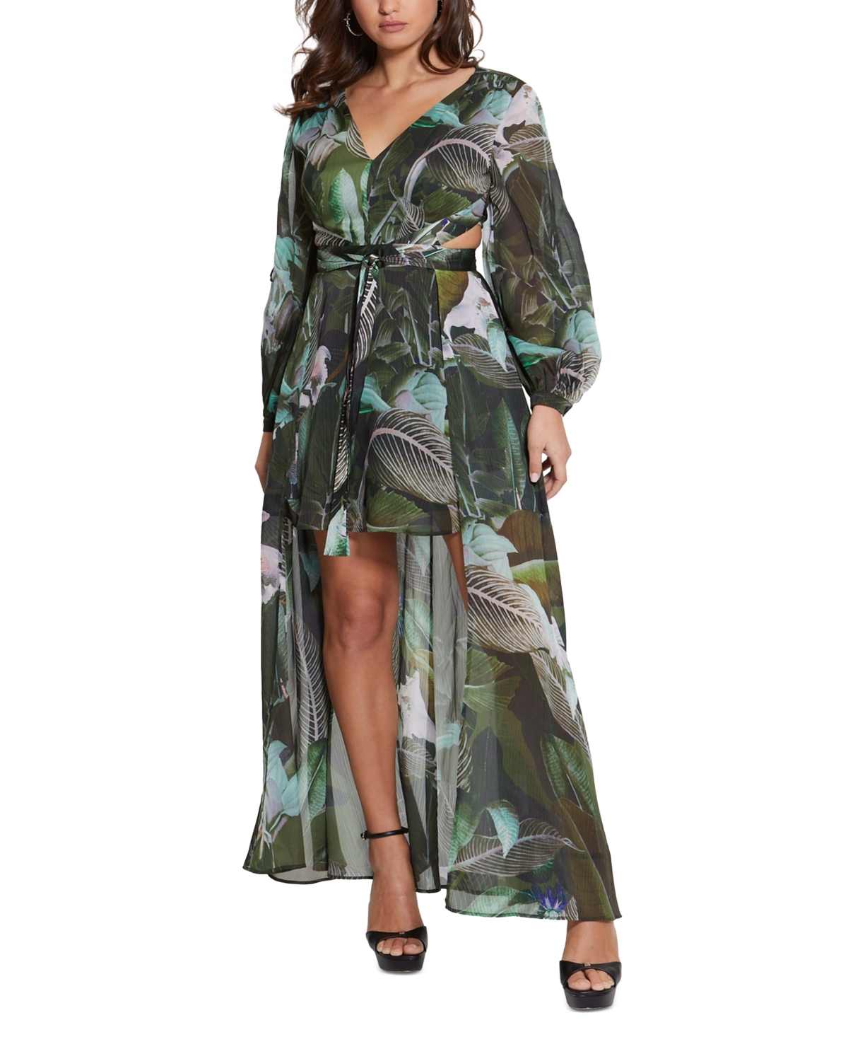 Guess Women's Eco Farrah Long Sleeve Mini Dress With Removable Long Skirt  In Moonlit Tropic Garden