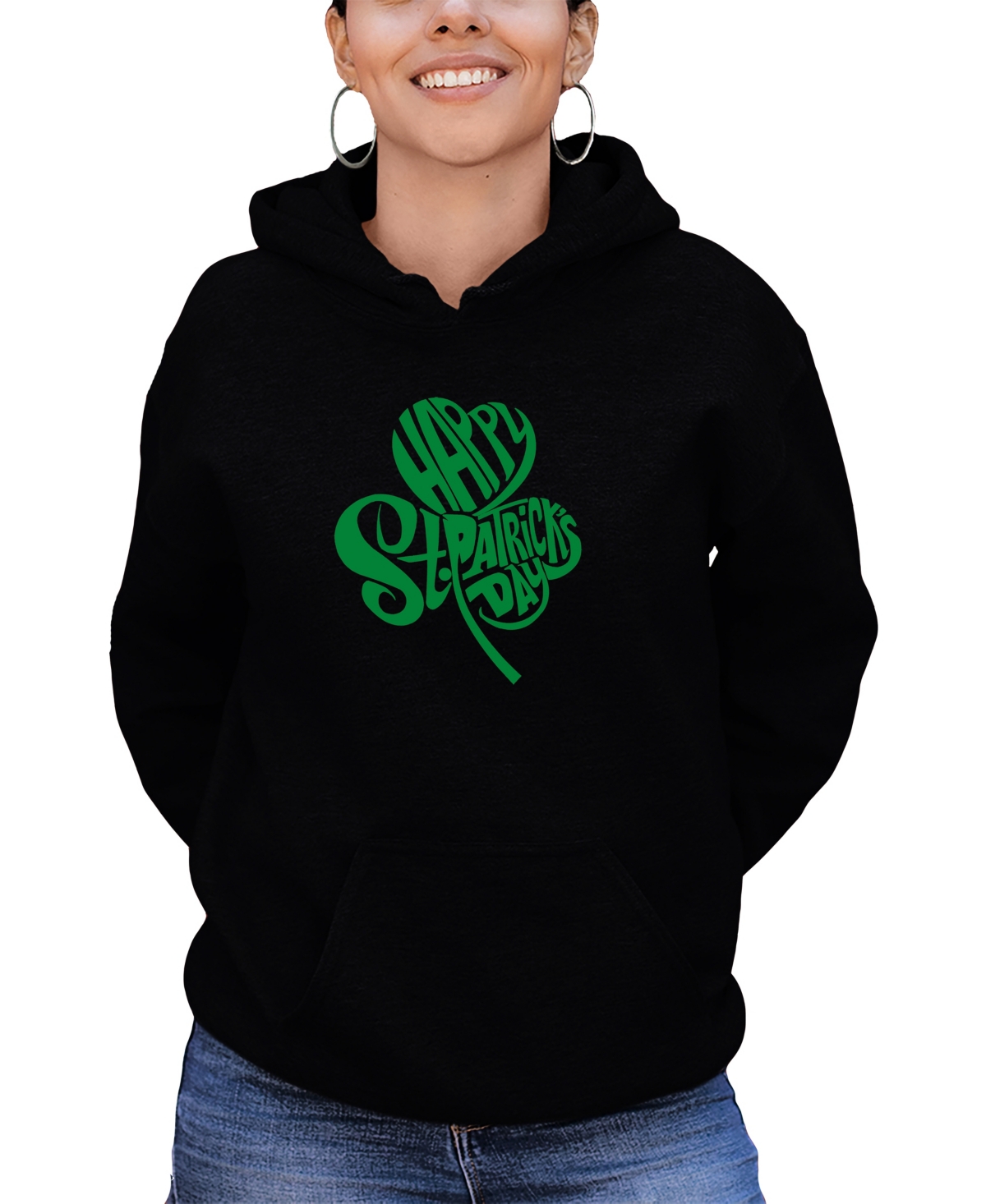 La Pop Art Women's St. Patrick's Day Shamrock Word Art Hooded Sweatshirt In Black