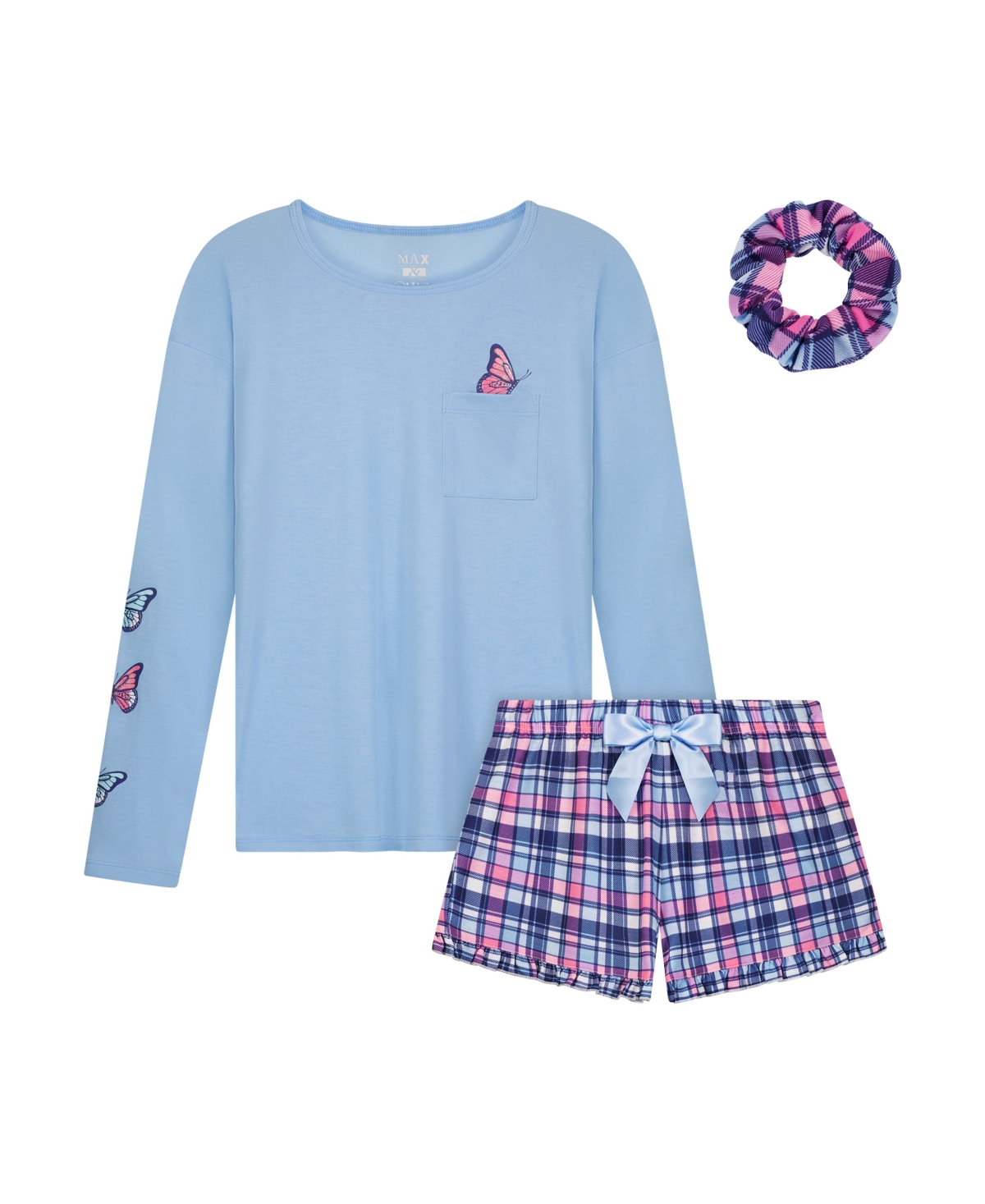 Max & Olivia Kids' Big Girls Top With Screen Print, Shorts With Bow At Waist, Matching Scrunchie, 3 Piece Set In Blue