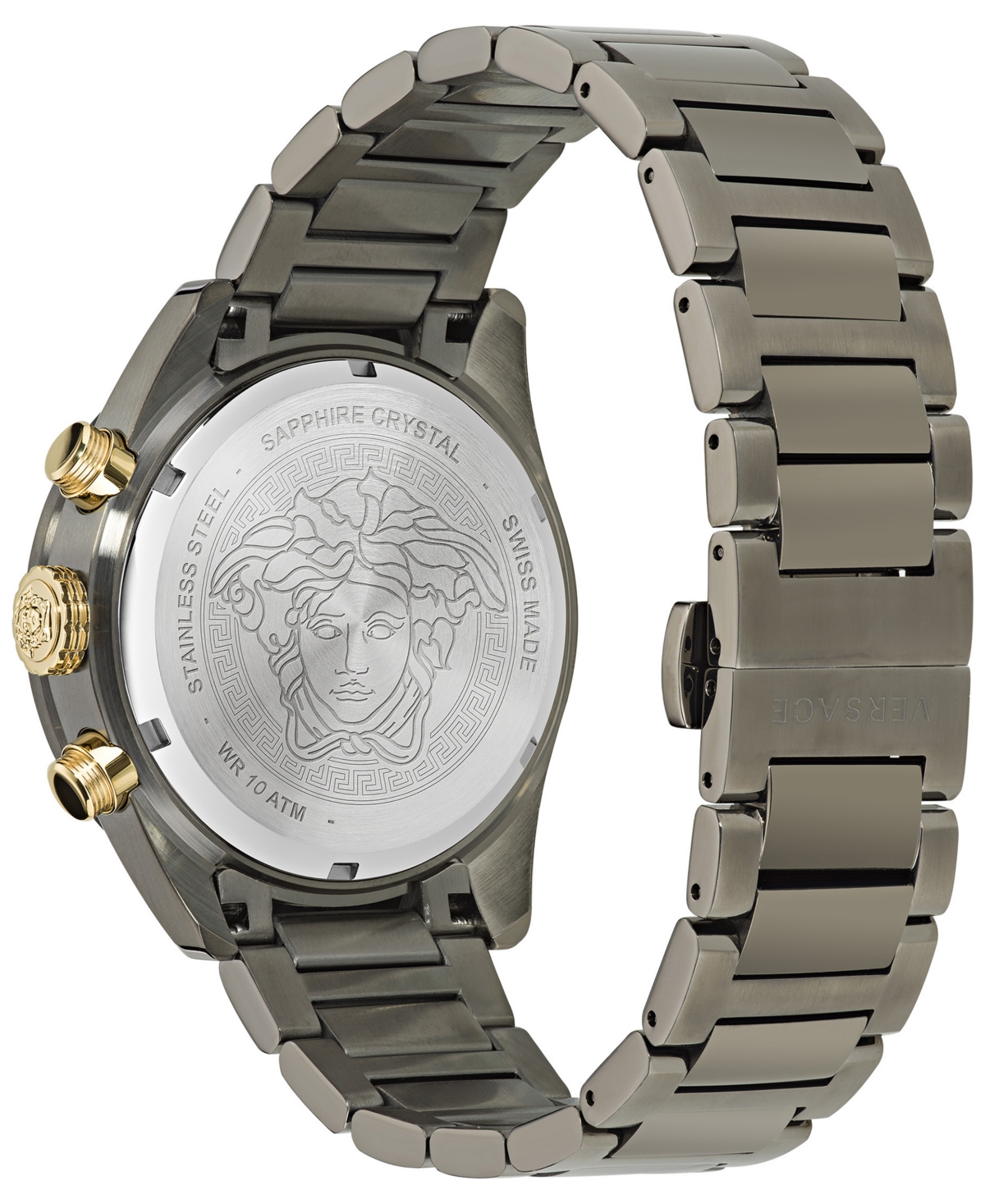 Shop Versace Men's Swiss Chronograph Greca Dome Gunmetal Ion Plated Bracelet Watch 43mm In Ip Gunmetal