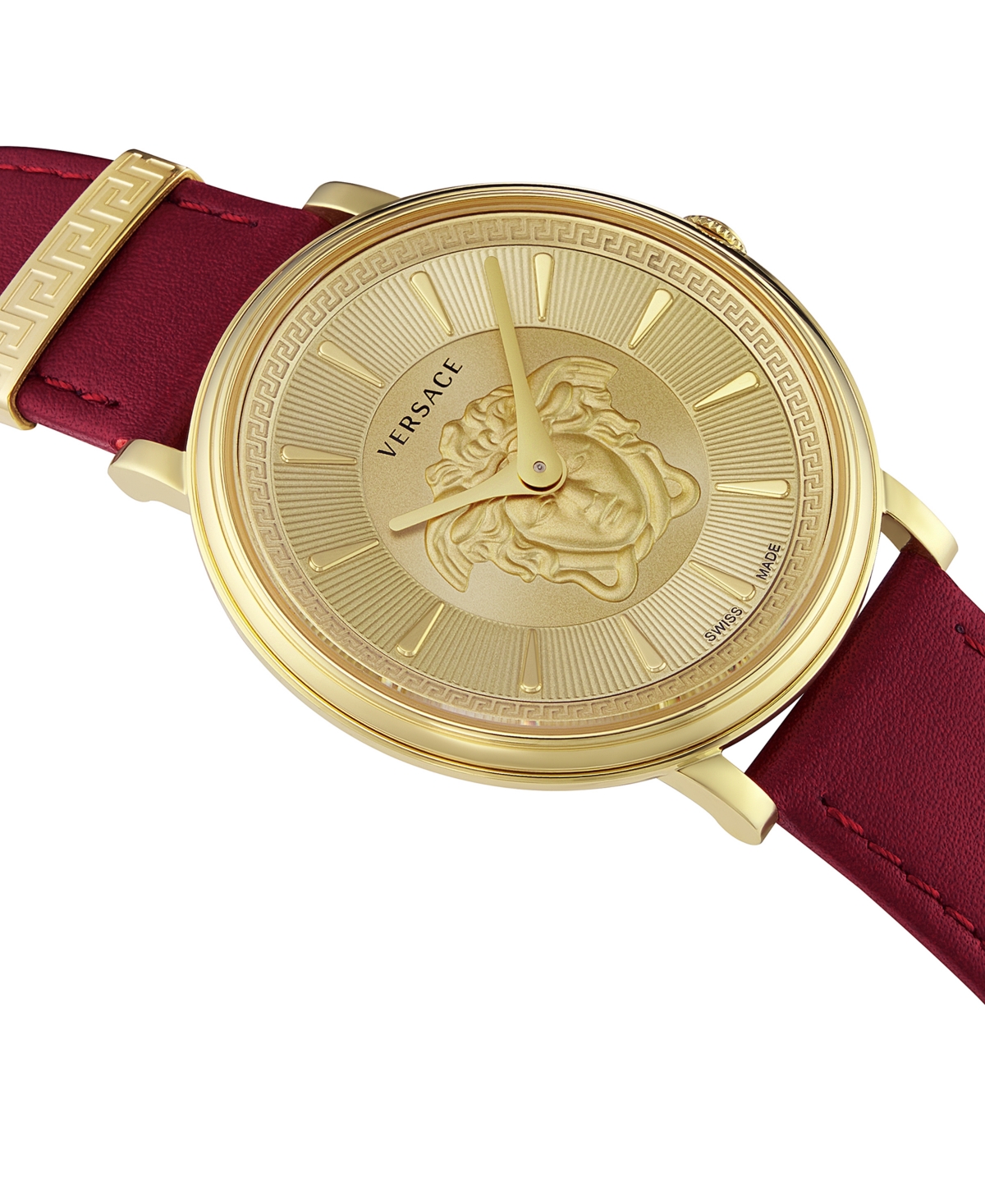Shop Versace Women's Swiss V-circle Burgundy Leather Strap Watch 38mm In Ip Yellow Gold