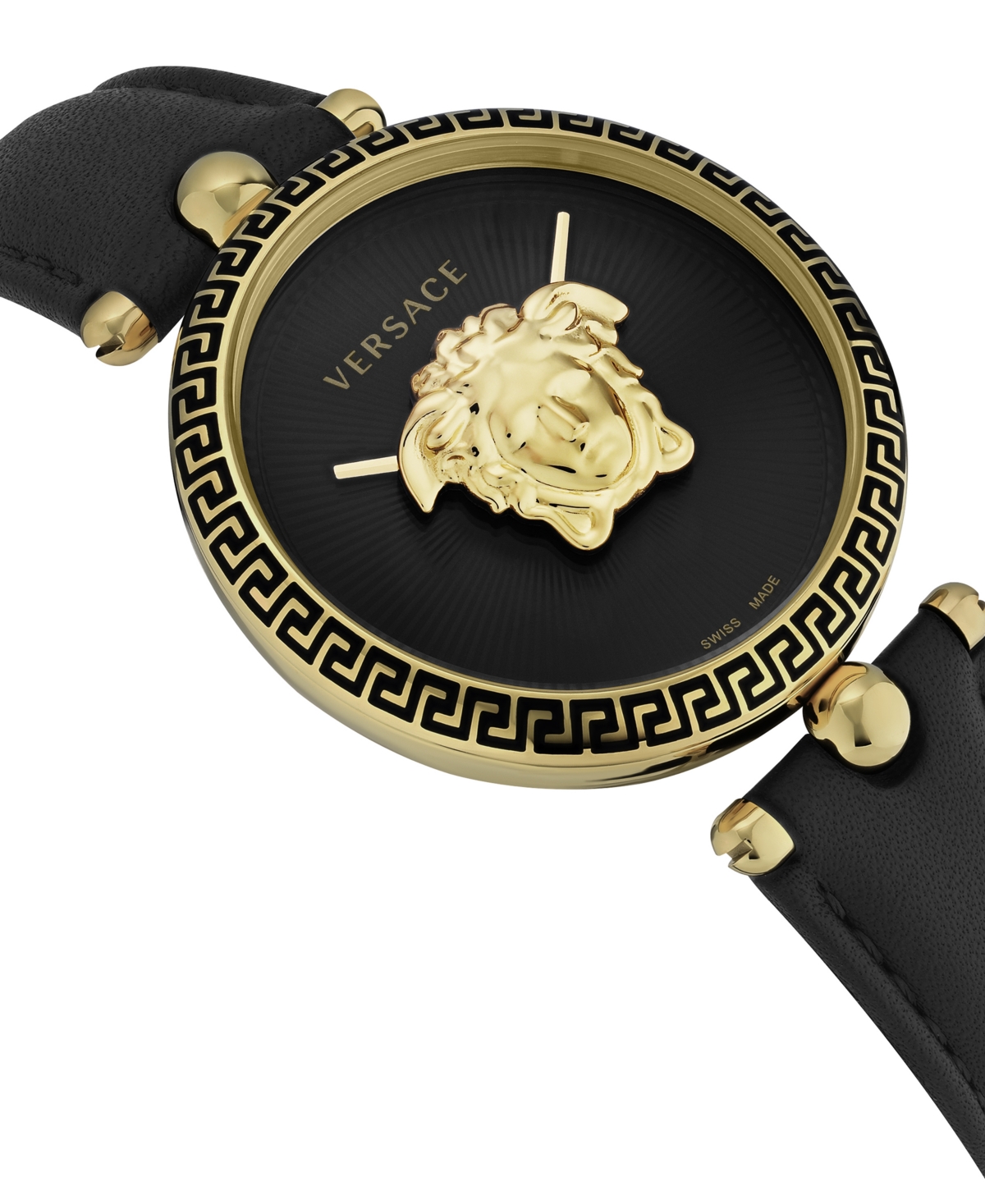 Shop Versace Women's Palazzo Empire Black Leather Strap Watch 39mm In Ip Yellow Gold