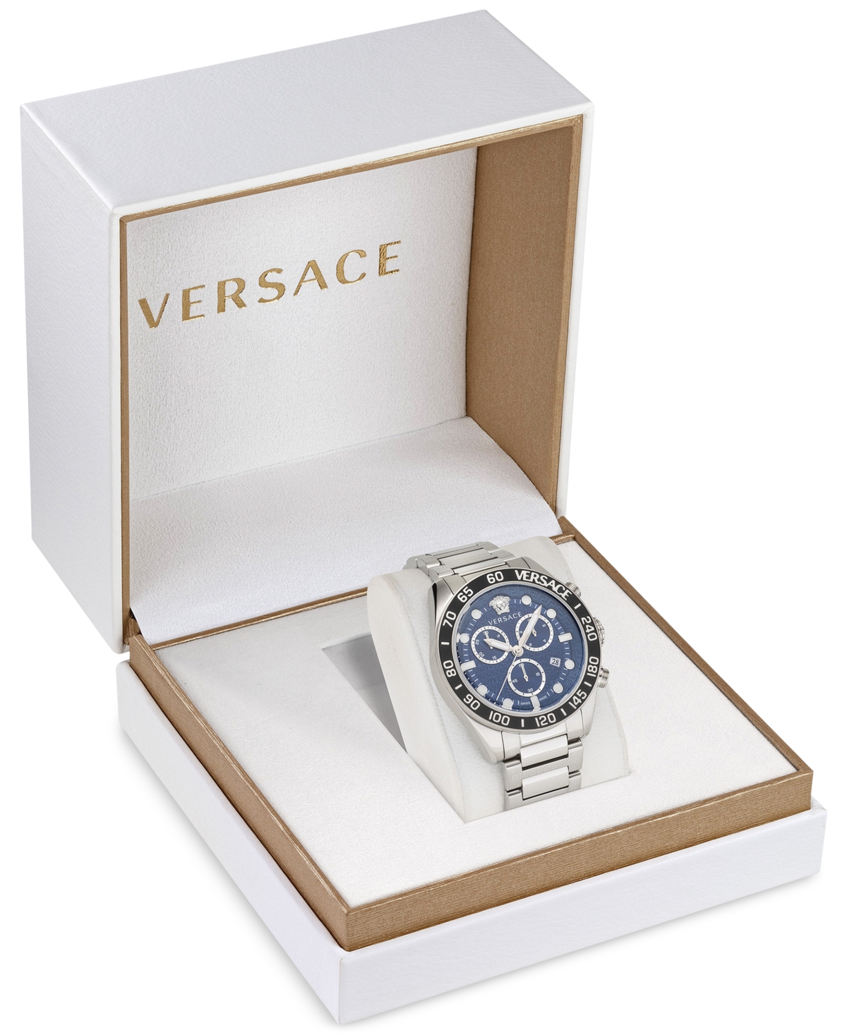 Shop Versace Men's Swiss Chronograph Greca Dome Stainless Steel Bracelet Watch 43mm