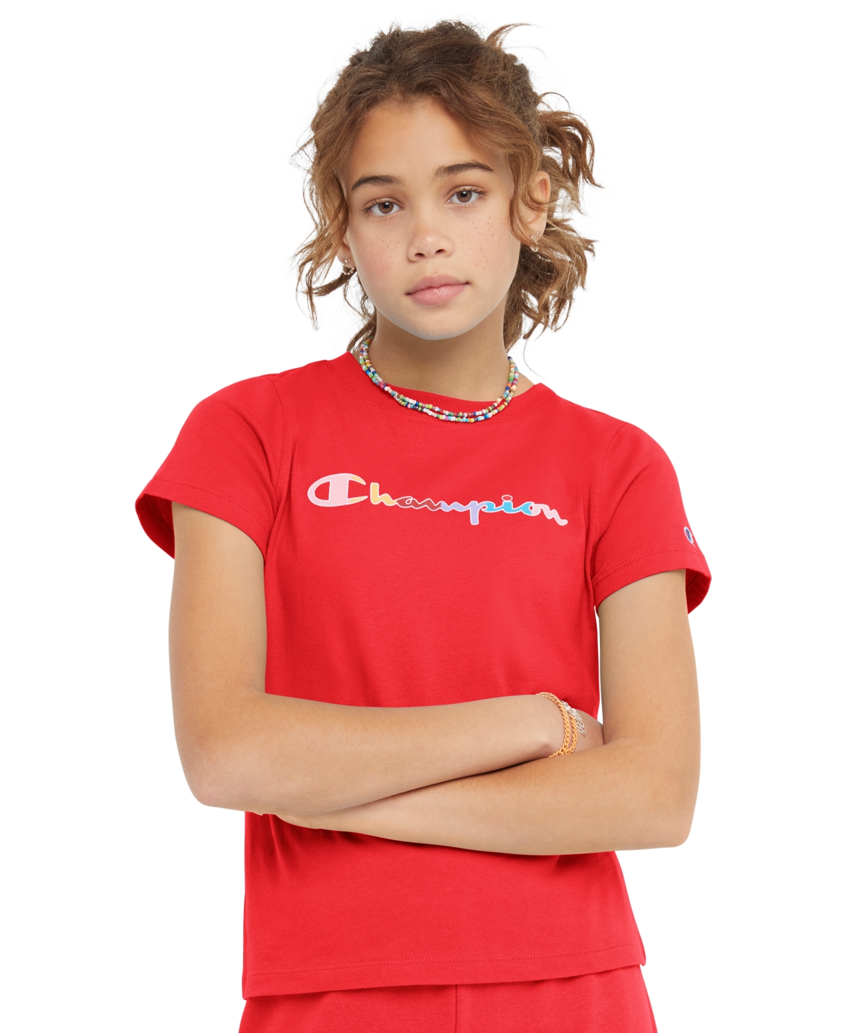 Champion Kids' Big Girls Short Sleeve Graphic T-shirt With Script In Red Stone
