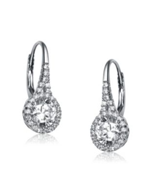 Sterling Silver Clear Round Cubic Zirconia Partially Paved and Haloed Solitaire Drop Earrings