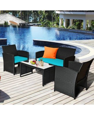 4PCS Patio Rattan Furniture Conversation Sets Cushion Sofa Table Garden