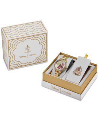 Eco-Drive Women's Disney Belle and Beast Gold-Tone Stainless Steel Bracelet Watch 36mm Gift Set