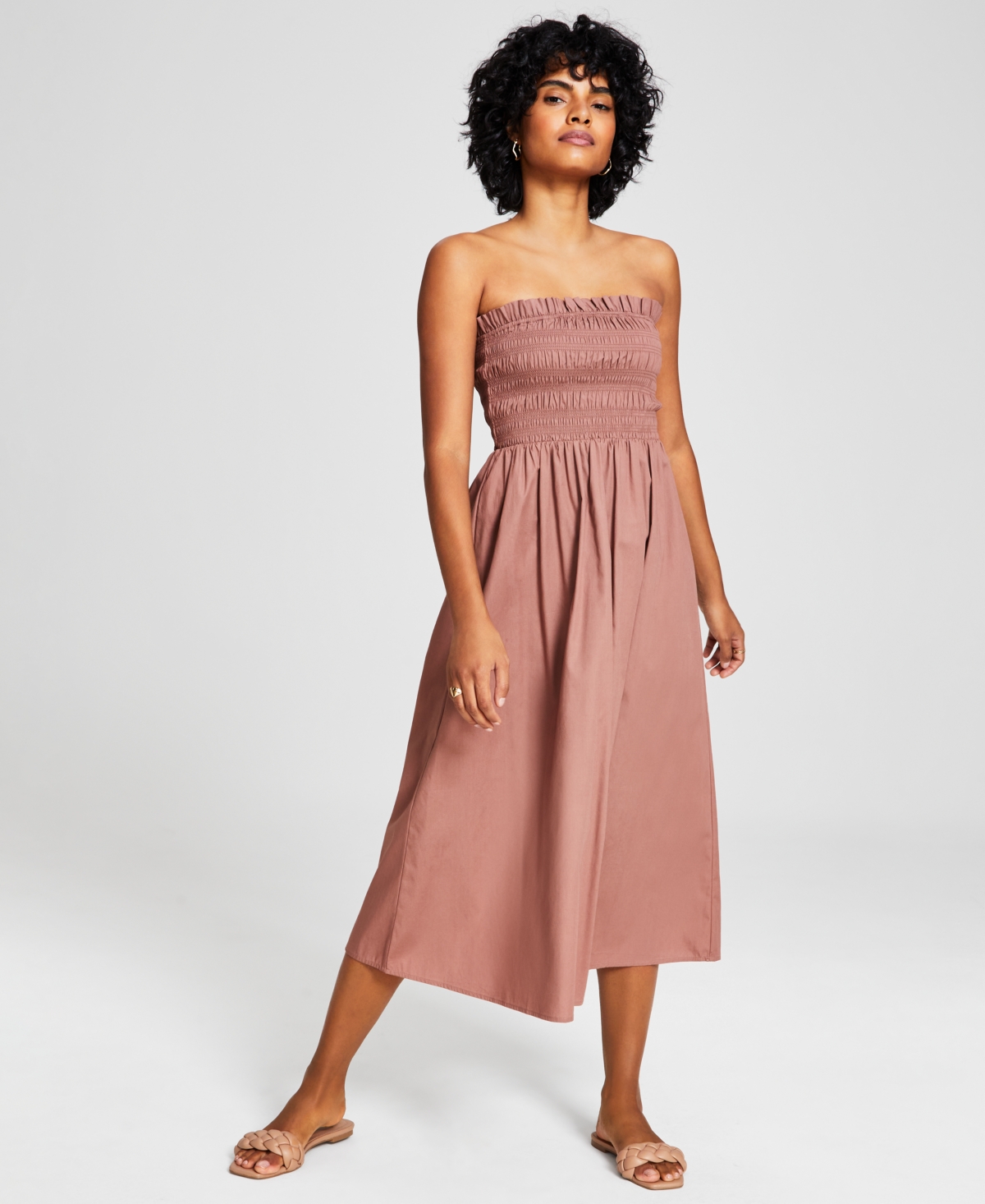 And Now This Women's Cotton Smocked Strapless Midi Dress In Cognac |  ModeSens