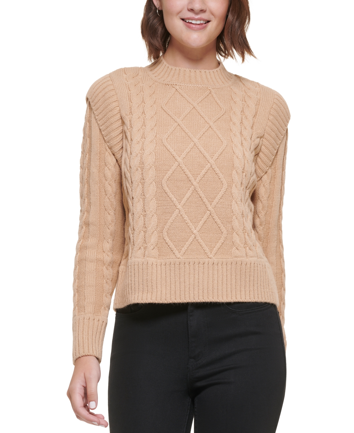 Calvin Klein Jeans Est.1978 Petite Cable-knit Crewneck Sweater In Wheat