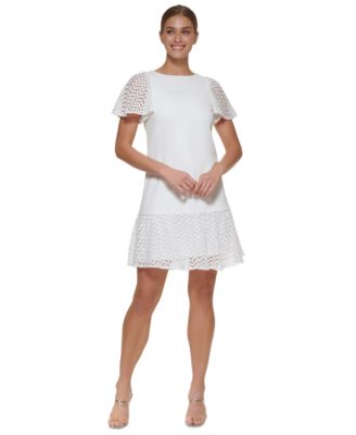 DKNY - Women's Open-Weave Flutter-Sleeve Flounce Dress