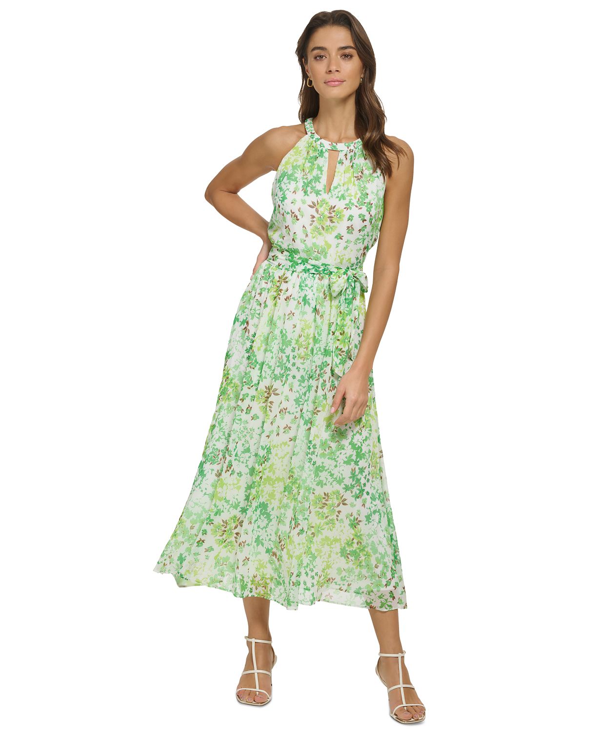 Womens Floral-Print Keyhole Tie-Waist Halter Midi Dress