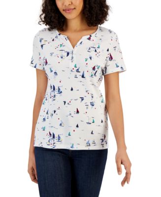 Karen Scott Women's Petite Cotton Henley Shirt Blue Size PS