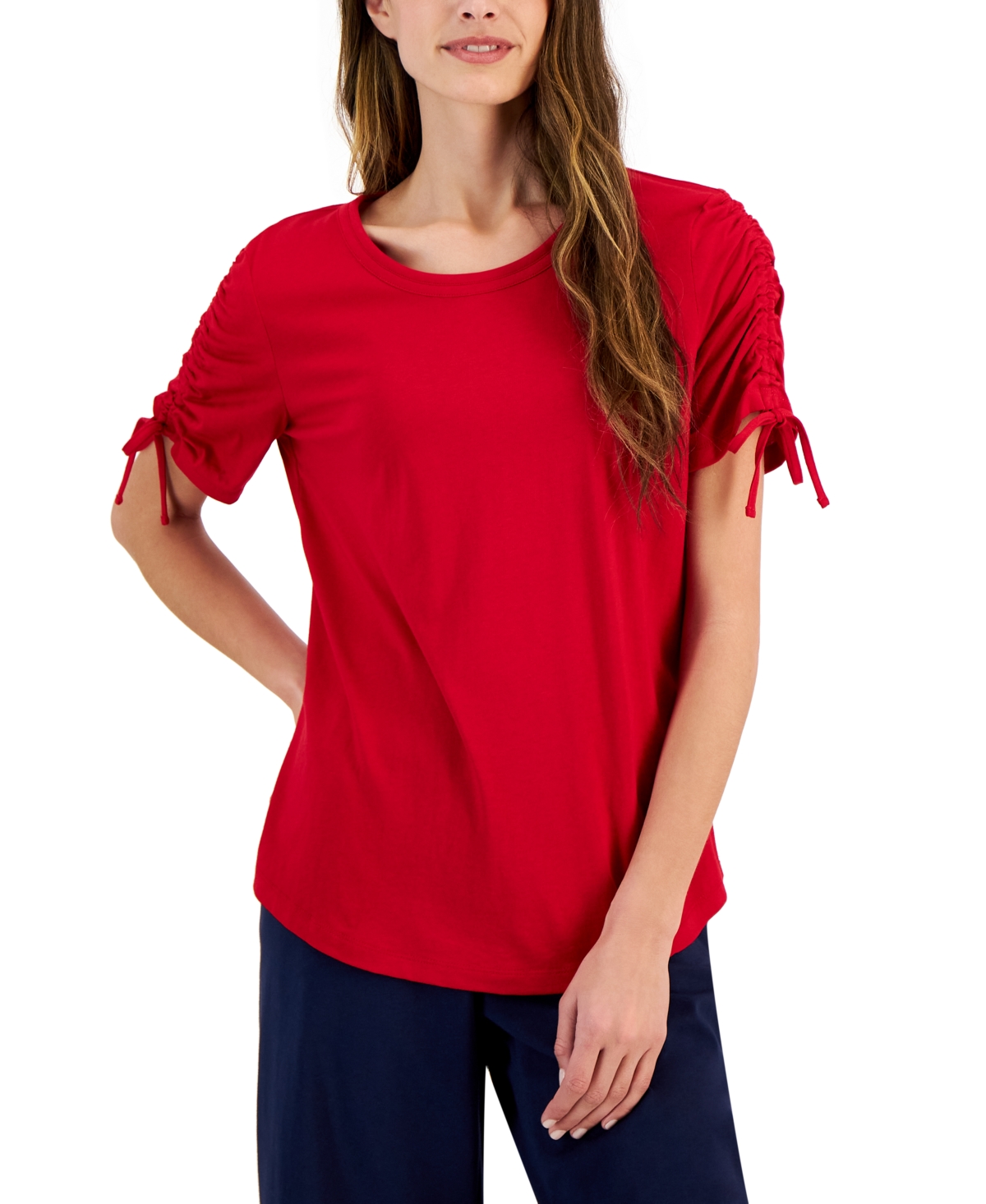 Karen Scott Petite Scoop-neck Cinched-sleeve Top, Created For Macy's In New Red Amore