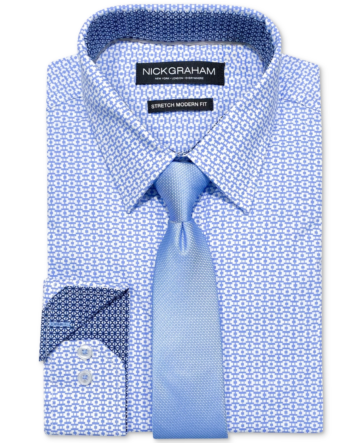 Nick Graham Slim-fit Performance Stretch Geo-print Dress Shirt & Slim Tie Set In Light Blue