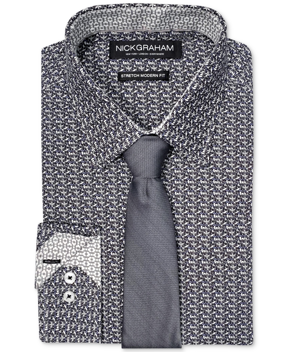Men's Slim-Fit Performance Stretch Mushroom-Print Dress Shirt & Slim Tie Set - Grey