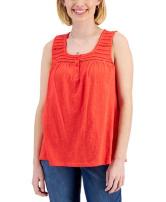 Style & Co - Petite Cotton Crochet-Trimmed Tucked Top