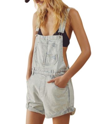 Free People - Women's Ziggy Striped Cotton Rolled Short Overalls