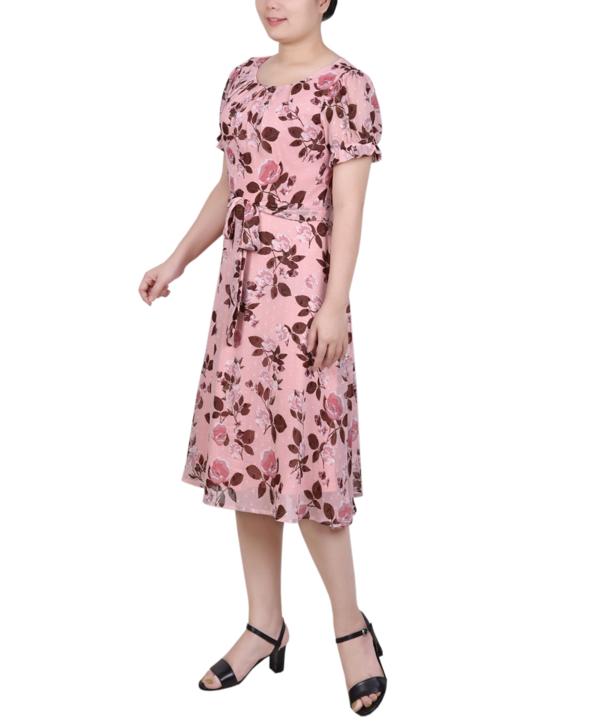 Ny Collection Petite Short Sleeve Belted Swiss Dot Dress