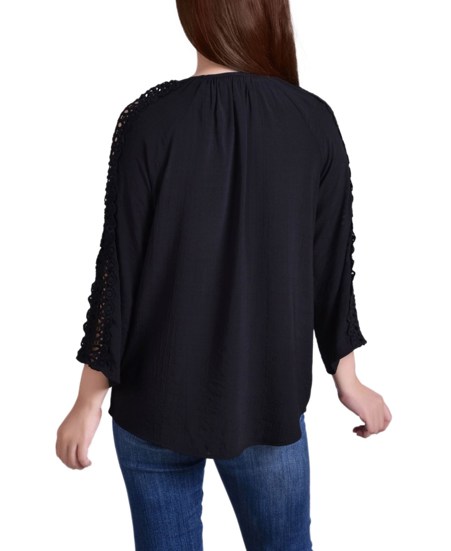 Женская блузка NY Collection Petite Crochet Detail 3/4 Sleeve, цвет: Чёрный — фото 2
