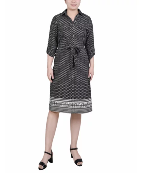 Petite 3/4 Roll Tab Sleeve Belted Shirtdress - Black Border