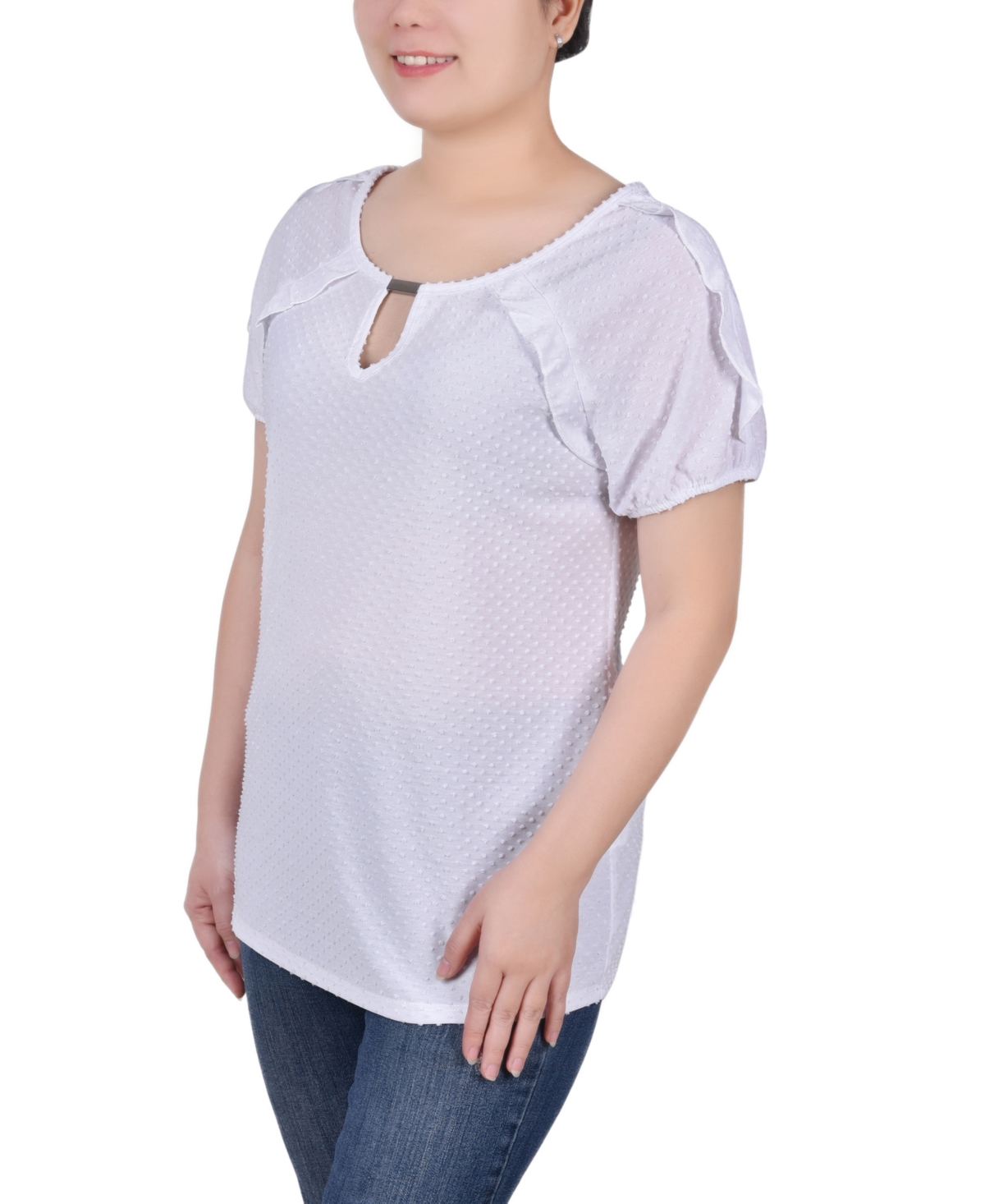 Ny Collection Petite Swiss Dot Short Sleeve Top