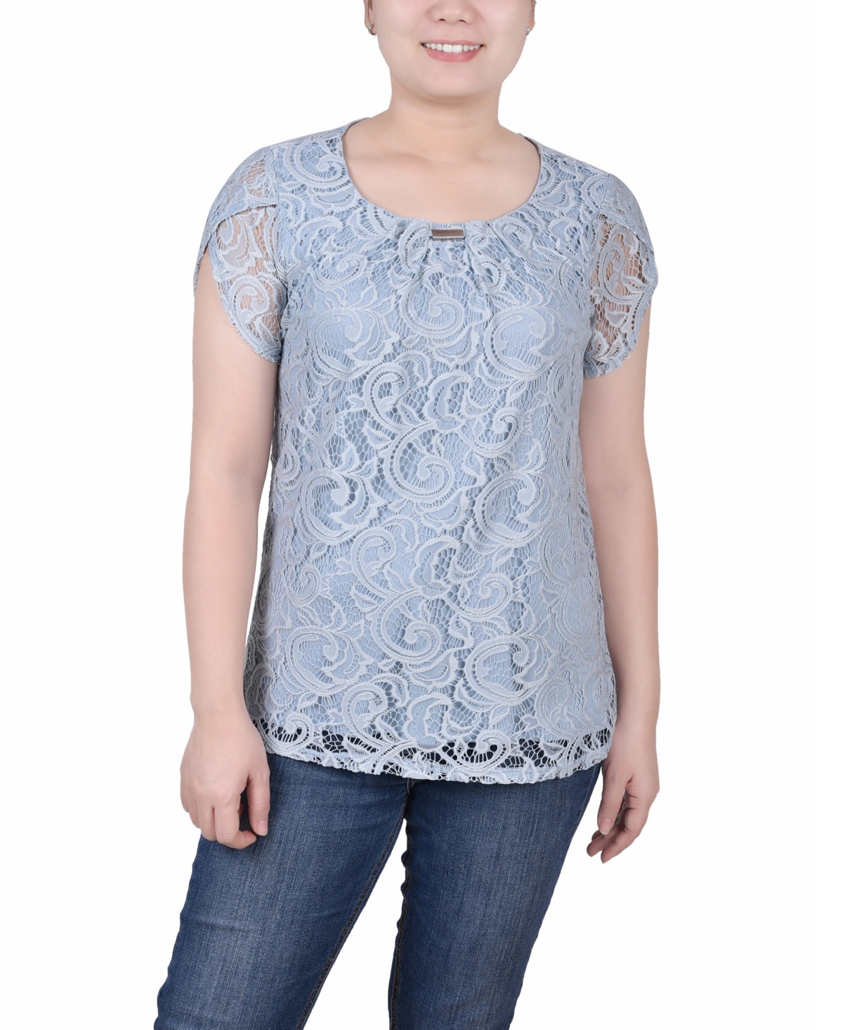Ny Collection Petite Lace Petal Short Sleeve Top In Cashmere Blue