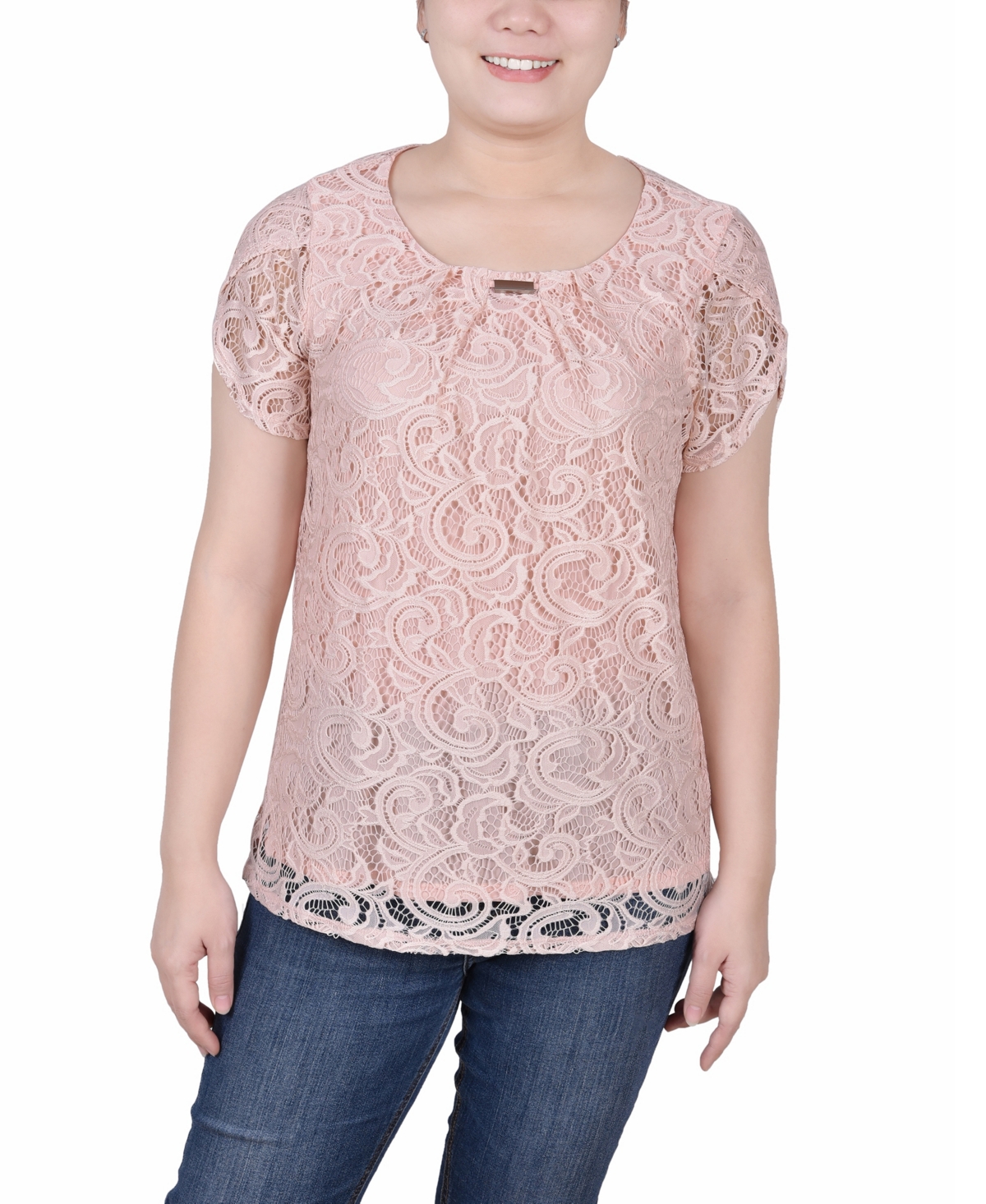 Ny Collection Petite Lace Petal Short Sleeve Top In Crystal Pink