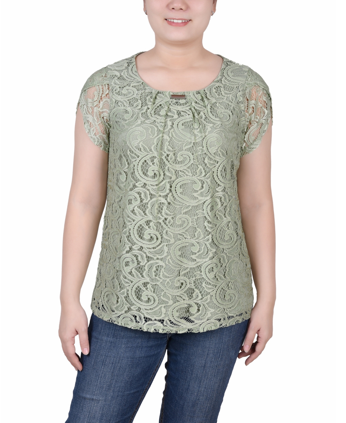 Ny Collection Petite Lace Petal Short Sleeve Top In Frosty Green