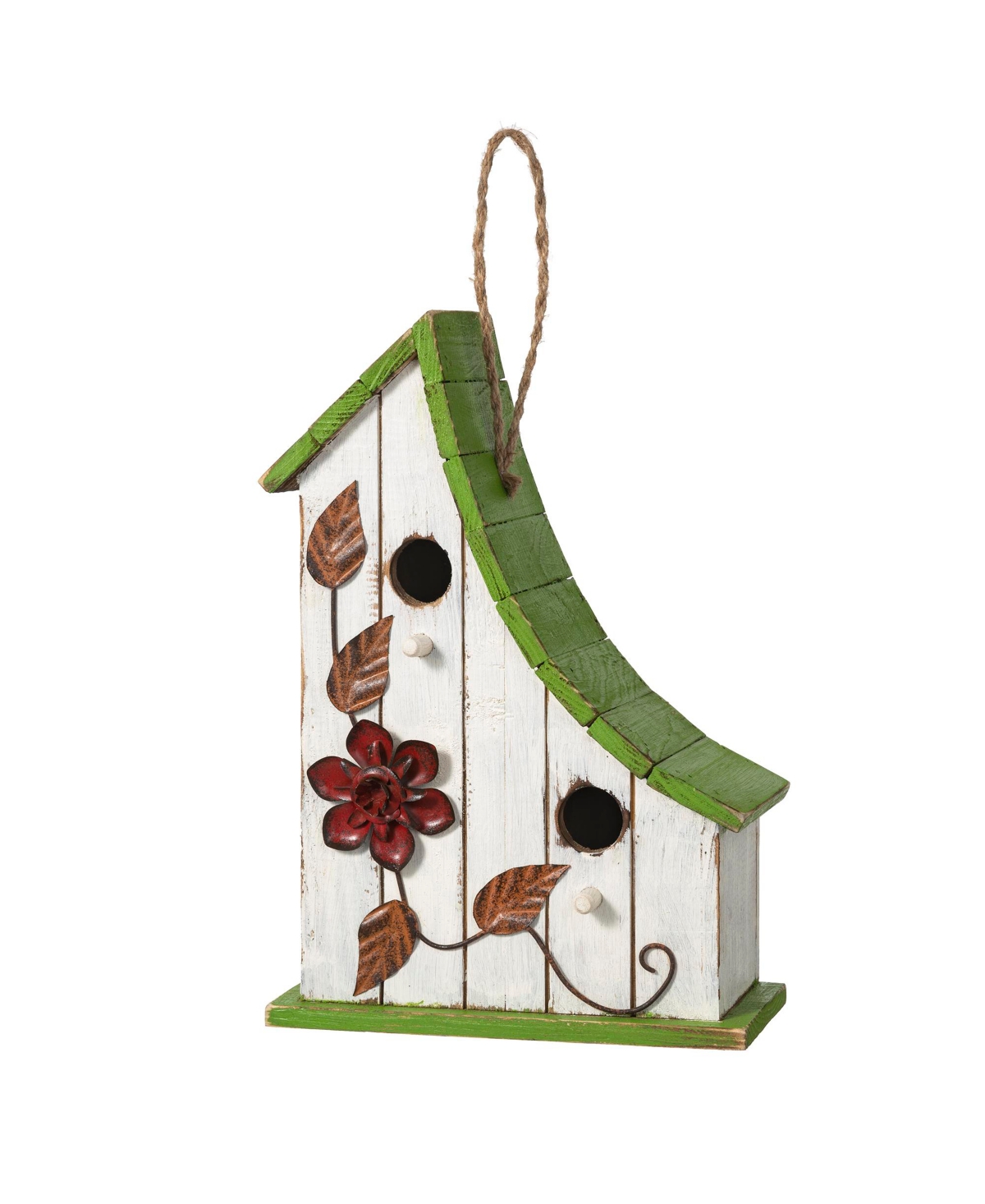 Glitzhome 13" H Washed Distressed Solid Wood Birdhouse With Green Roof In White