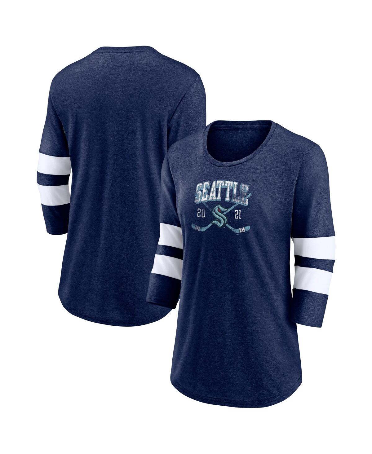 Women's FanaticsSeattle Kraken Line Shift Tri-Blend Three-Quarter Sleeve T-shirt - Heather Deep Sea Blue