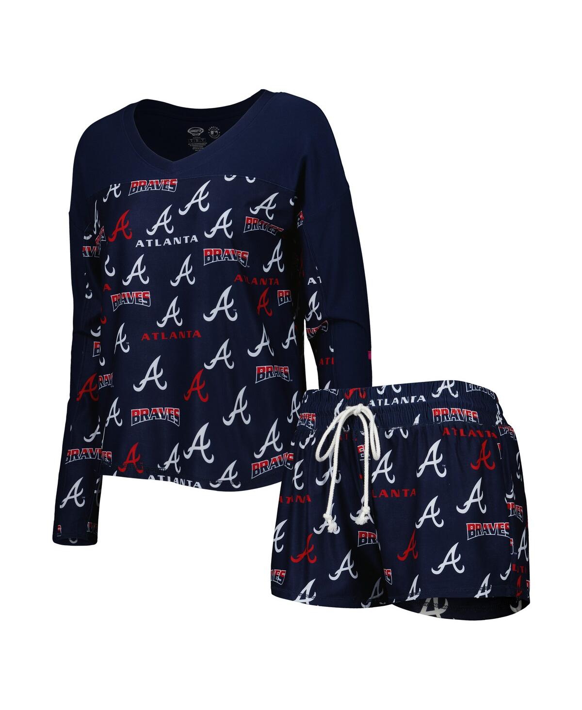 Women's Concepts Sport Navy Atlanta Braves Breakthrough Allover Print Long Sleeve V-Neck T-shirt and Shorts Sleep Set - Navy