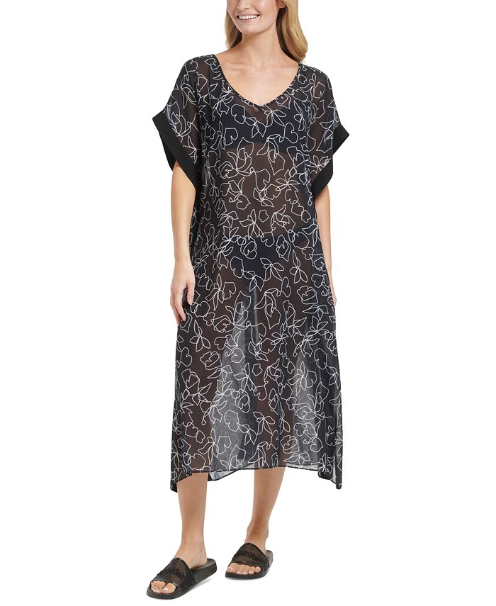 DKNY Women's Asymmetrical Chiffon Kaftan Swim Cover-Up  Swimsuit Blue Size SM