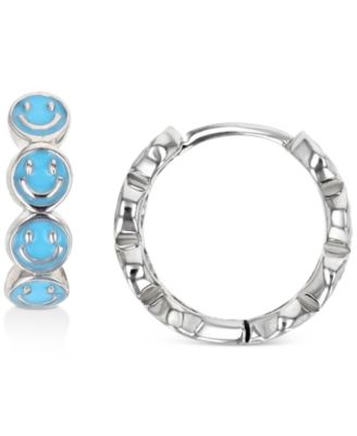 Enamel Smiley Face Hoop Earrings in Sterling Silver or 14k Gold over Sterling Silver, 1/2"