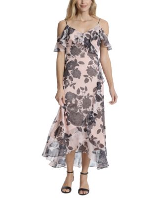 London Times - Petite Floral-Print Ruffled Cold-Shoulder Maxi Dress