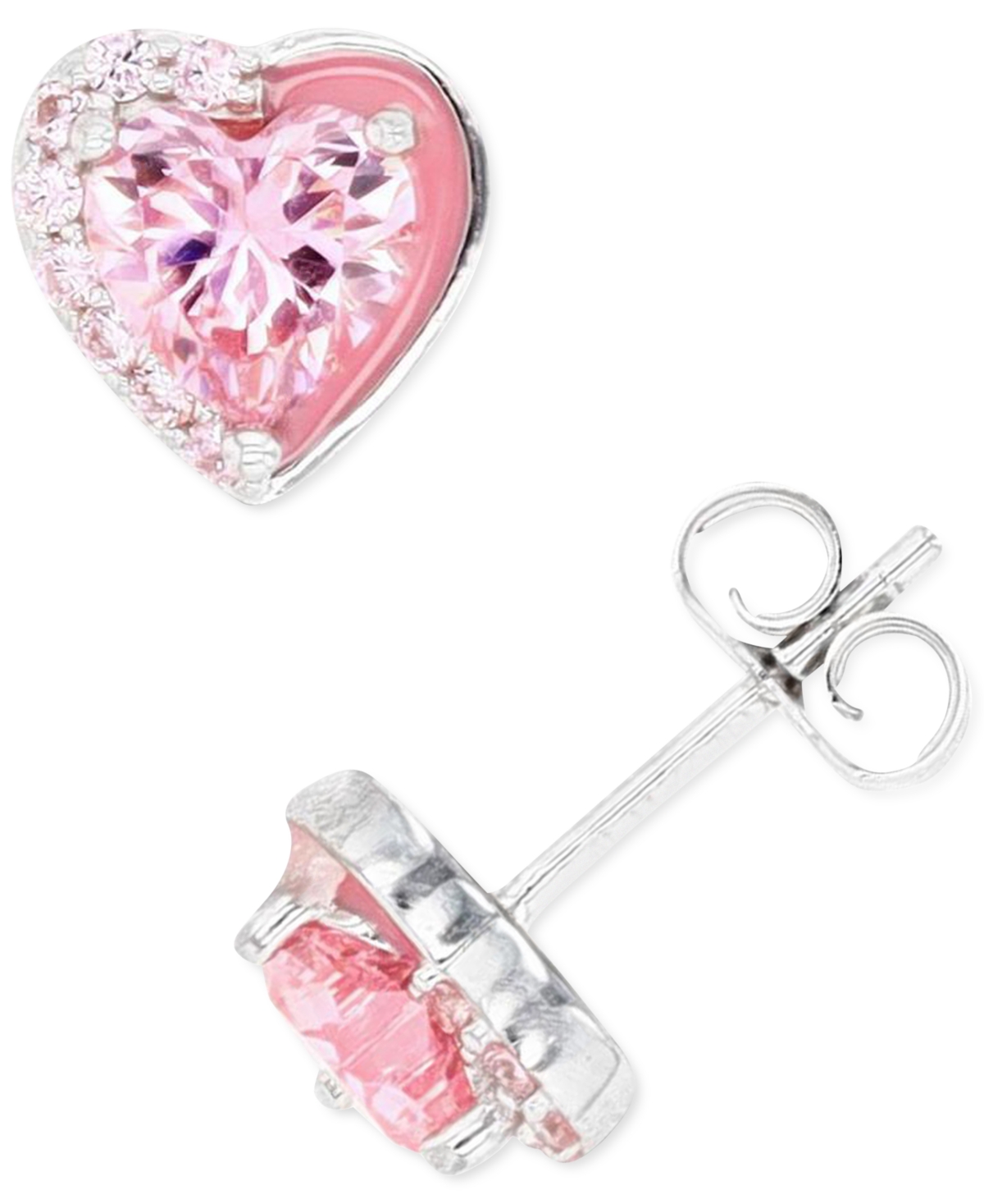 Macy's Pink And White Cubic Zirconia Heart Stud Earrings In Sterling Silver Or 14k Gold Over Sterling Silve