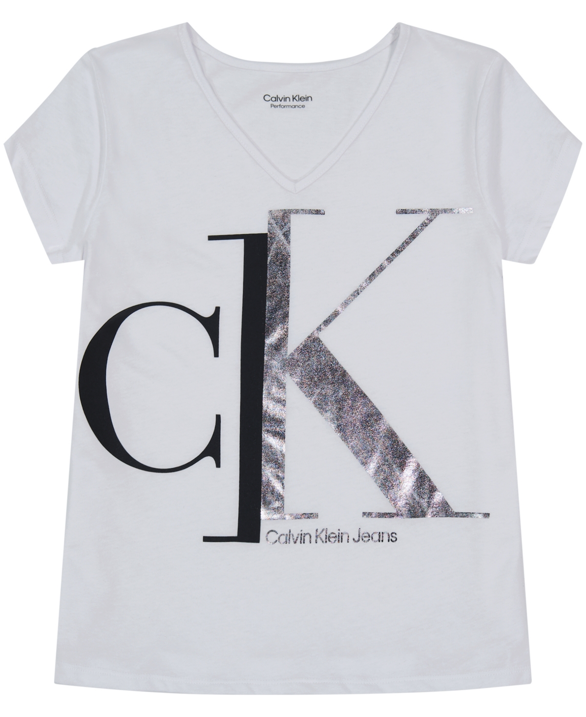 Calvin Klein Big Girls Foil Monogram V-neck T-shirt In White