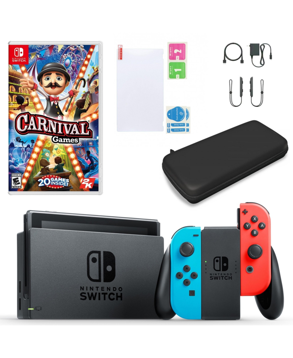 Nintendo Switch In Neon With Carnival Games & Accessories In Open Miscellaneous