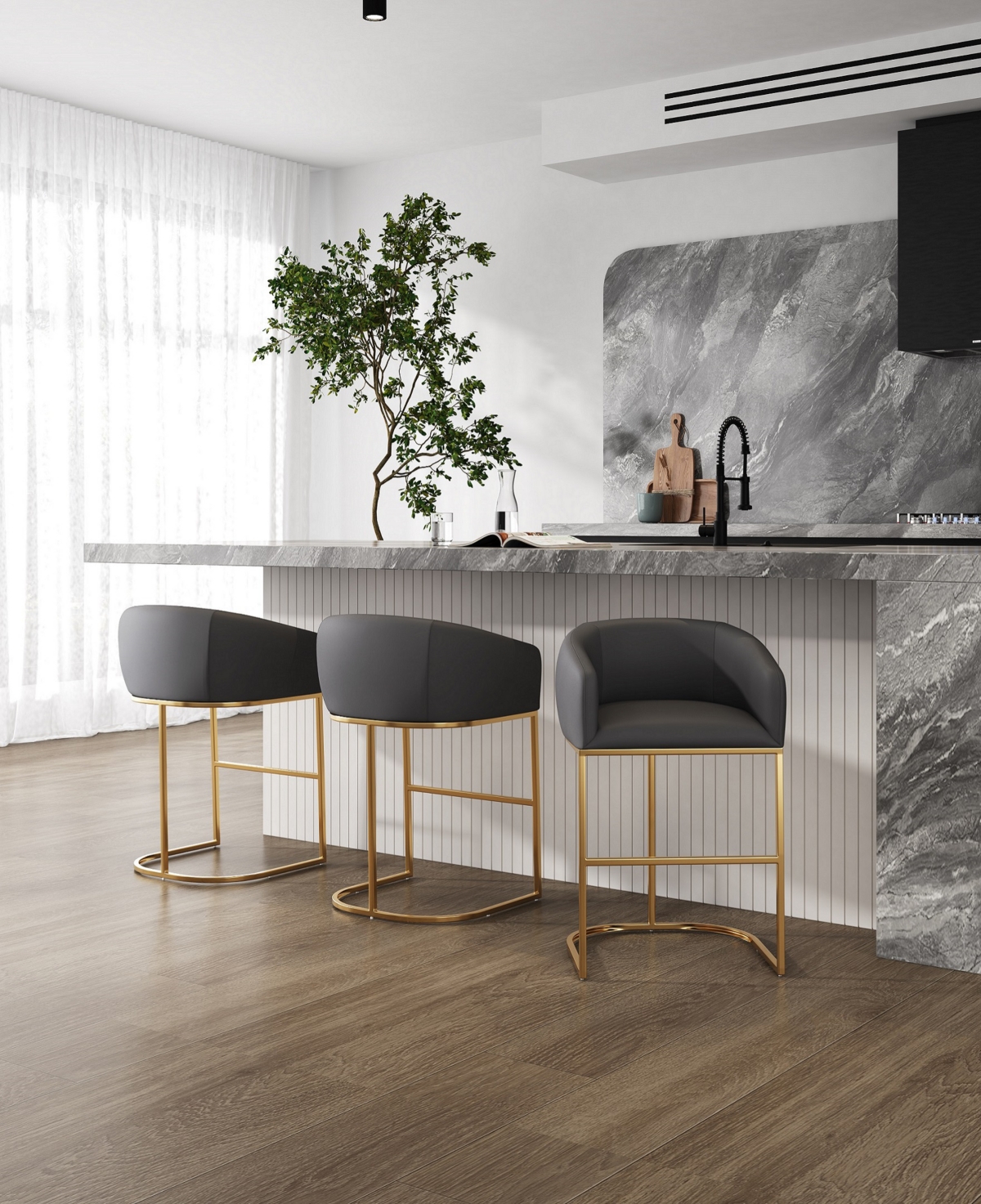 Manhattan Comfort Set Of 3 Louvre Counter Stools In Gray,titanium Gold-tone