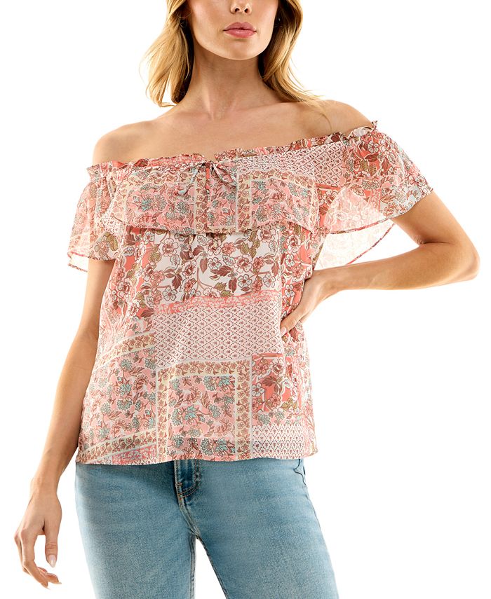 BCX Juniors Floral Print Off The Shoulder Ruffle Top Macy s